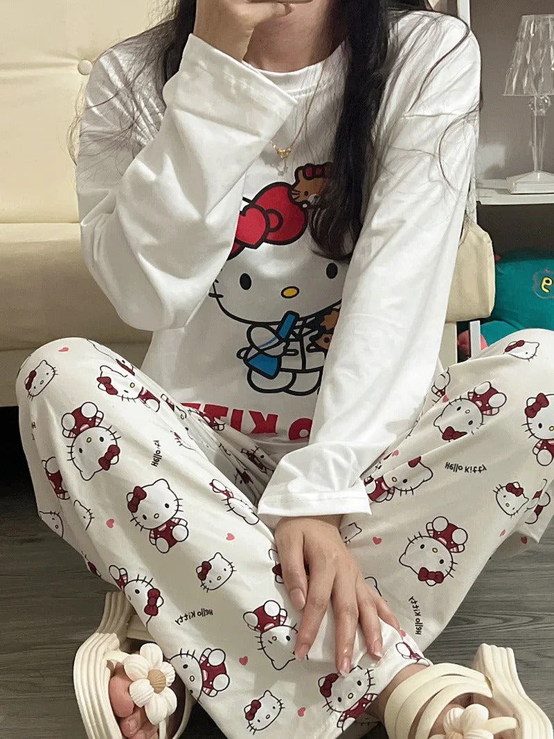 Women's Loose Round Neck Cute Kitty Homewear Pajamas Women's Simple Leisure Long Sleeve Long Pants Two-piece Suit Pajamas  Women