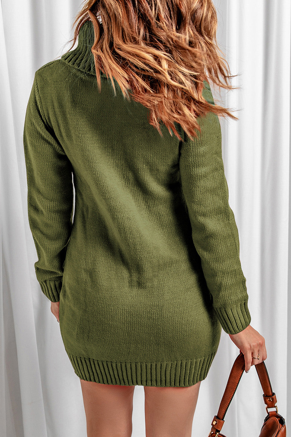 Olive Cowl Neck Cable Knit Sweater Dress