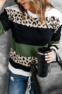 Green Crewneck Leopard Color Block Knit Pullover Sweater