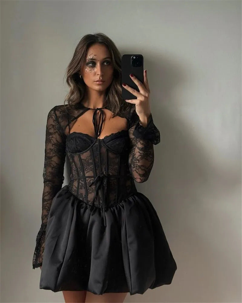 Mozision Black Lace Puffball Sexy Mini Dress For Women Fashion Lace-up Sheer Long Flare Sleeve High Waist Club Party Dress