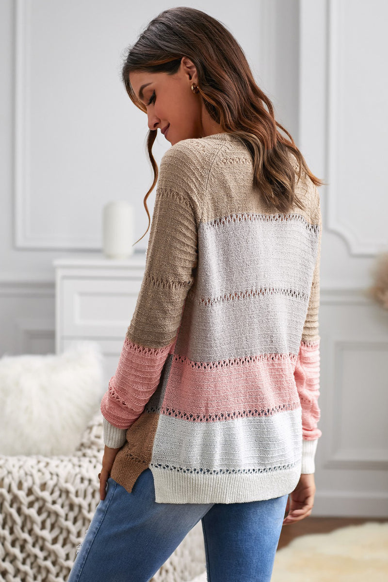 Wine Accent Knitted Color Block Long Sleeve Crew Neck Sweater