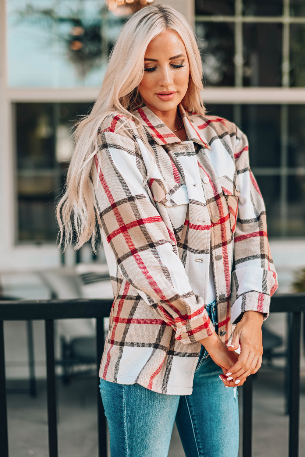 Green Plaid Print Buttoned Shirt Coat with Pocket