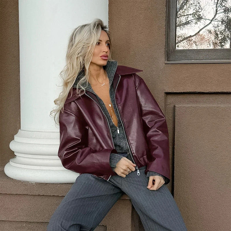 Elegant Burgundy Faux Leather Jackets Women Fashion Lapel Zipper Long Sleeve Female Coats 2024 Autumn Winter Lady Street Outwear