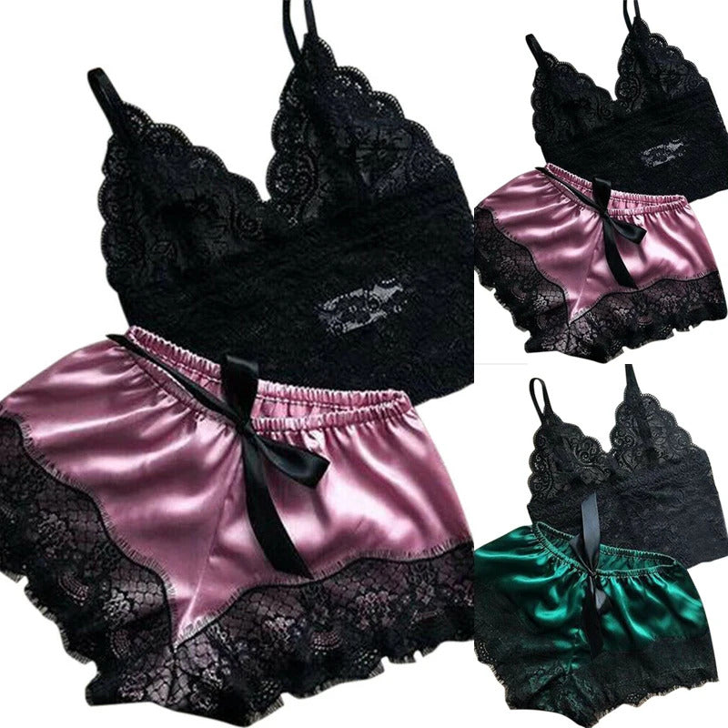 2PCS Womens Lace Sleepwear Lingerie Tops Shorts Set Babydoll Casual Pajamas Nightwear