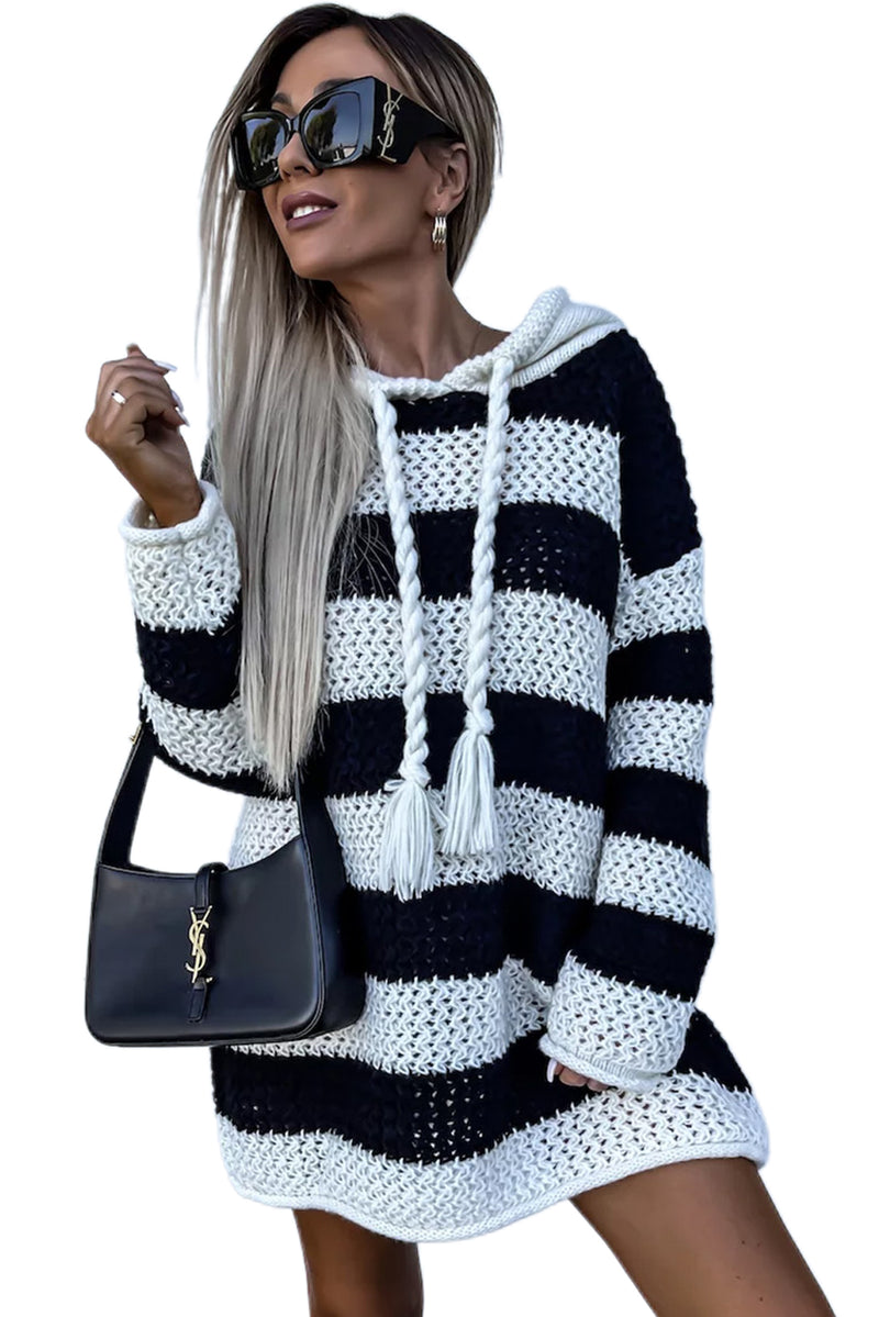 Black Striped Braided Tassel Hooded Sweater Dress