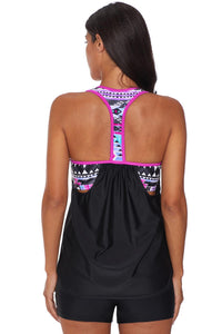 Rose Blouson Striped Printed Strappy T-Back Push up Tankini Top