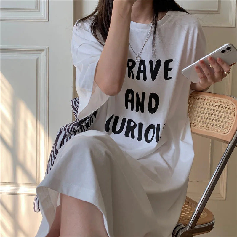 Harajuku Graphic White Long Dress Woman Clothing Y2k Casual Short Sleeve O-Neck Korean Fashion Summer Womens Loose Dresses 2024