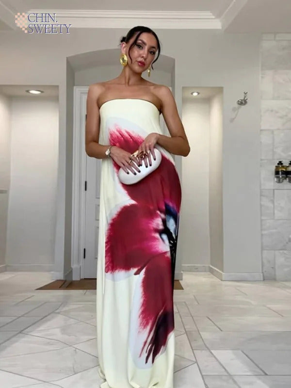 2025 Women Summer New Floral Printed Strapless Loose Dresses Casual Off Shoulder Sleeveless Maxi Dress Lady Vacation Beach Robes