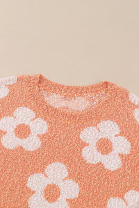 Grapefruit Orange Fuzzy Floral Knitted Drop Shoulder Sweater