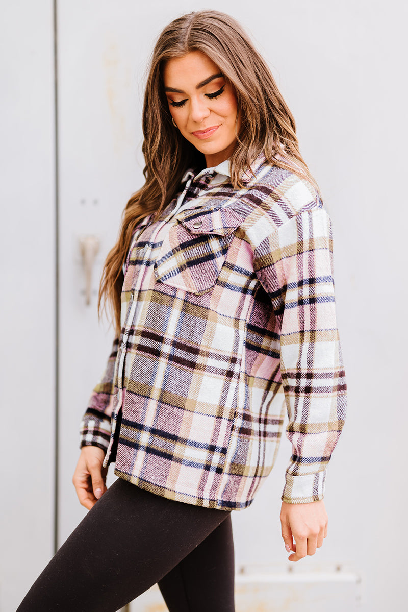 Blue Geometric Plaid Print Pocketed Shacket