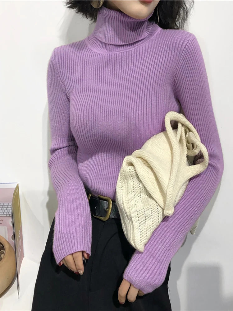 2024 Autumn Winter Thick Sweater Women Knitted Ribbed Pullover Sweater Long Sleeve Turtleneck Slim Jumper Soft Warm Pull Femme