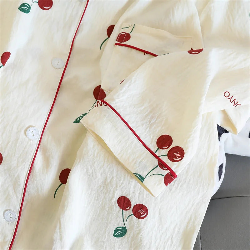 Cherries Print Two Pieces Pajamas Set Autumn Faux Cotton Pajamas Korean Fashion Home Clothes Ladies Pants and Top Set Pijamas