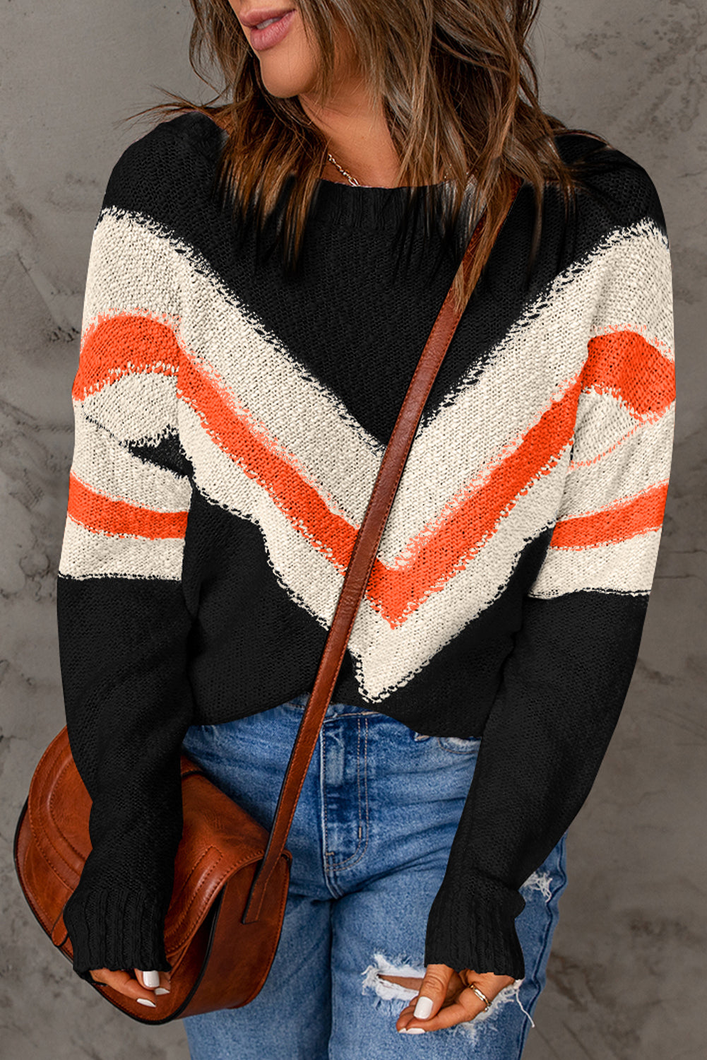 Black Chevron Striped Drop Shoulder Sweater