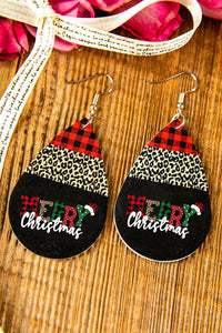 Black Merry Christmas Leopard Plaid Drop Earrings