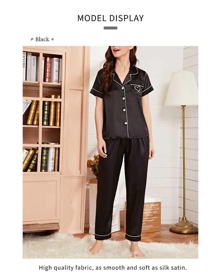 Women's Pajama Pocket Heart Embroidered Pajama Set Satin Comfortable Short Sleeve Button Pajama Lounge Pant For Women Sleepwear