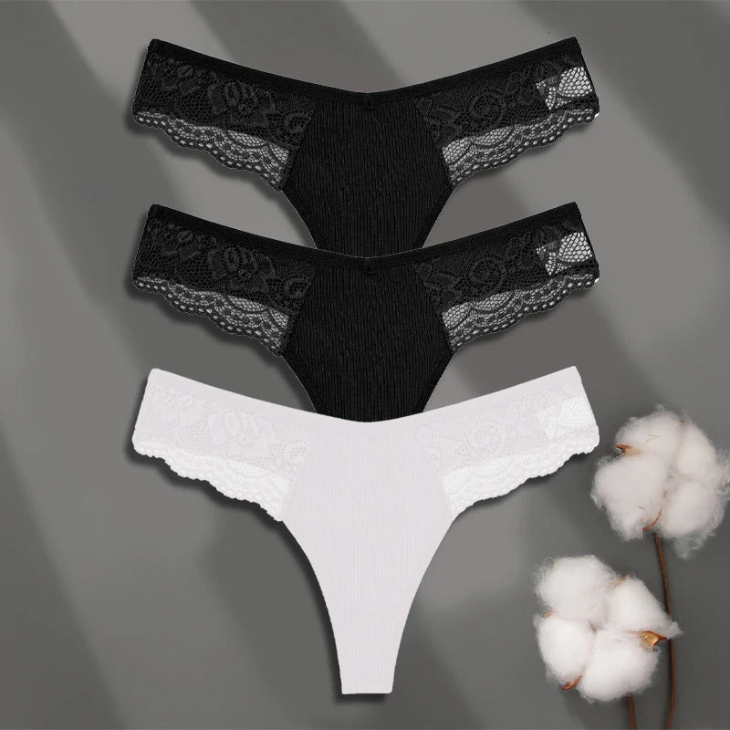 FINETOO 3Pcs Women's Cotton Underwear Lace Thongs Sexy Solid Color Low Waist Bikini Panties Ladies Breathable G-string Lingerie