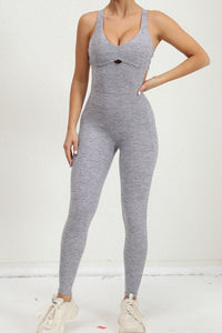 Gray Solid Criss Cross Backless Active Jumpsuit