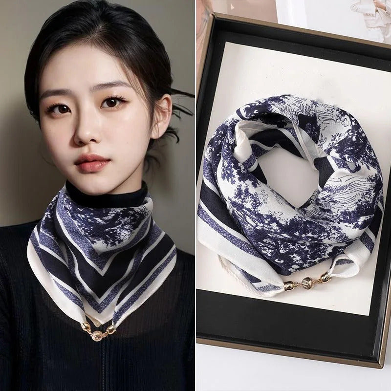 2025 new magnetic buckle silk scarf for women's small square scarf for autumn and winter warmth and cold resistance, fashionabl