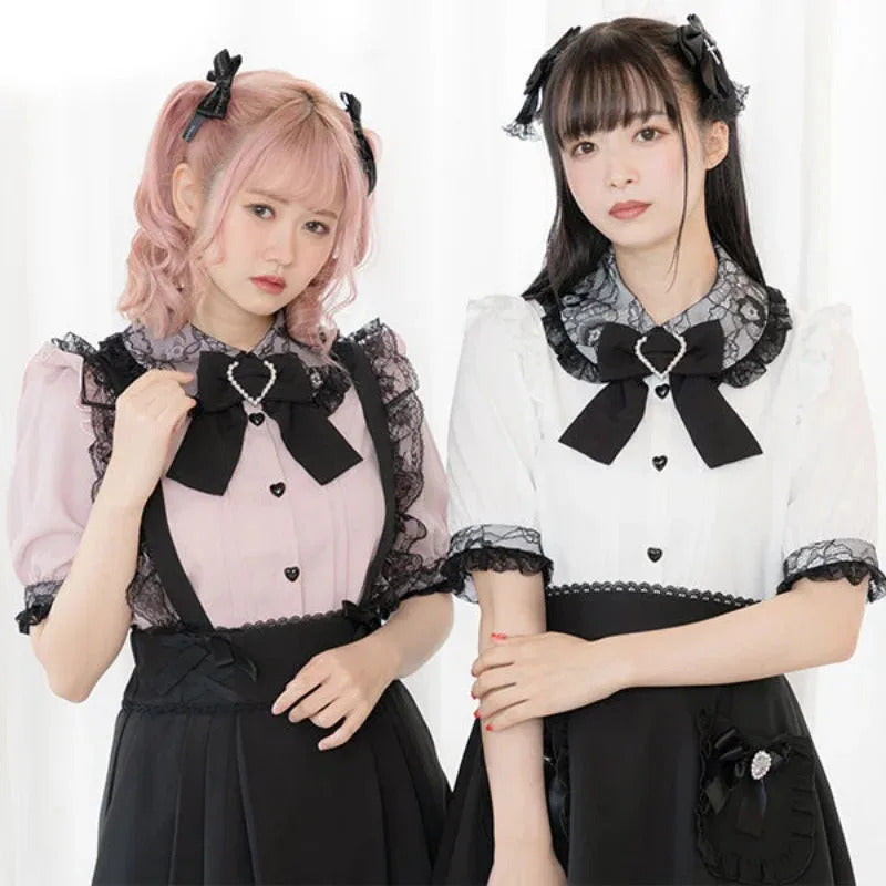 Gothic Lolita Blouses Women Sweet Bow Off Shoulder JK Shirt Japanese Girls Elegant Love Heart Lace Ruffles Blusas Mujer Tops