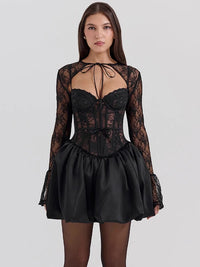 Mozision Black Lace Puffball Sexy Mini Dress For Women Fashion Lace-up Sheer Long Flare Sleeve High Waist Club Party Dress