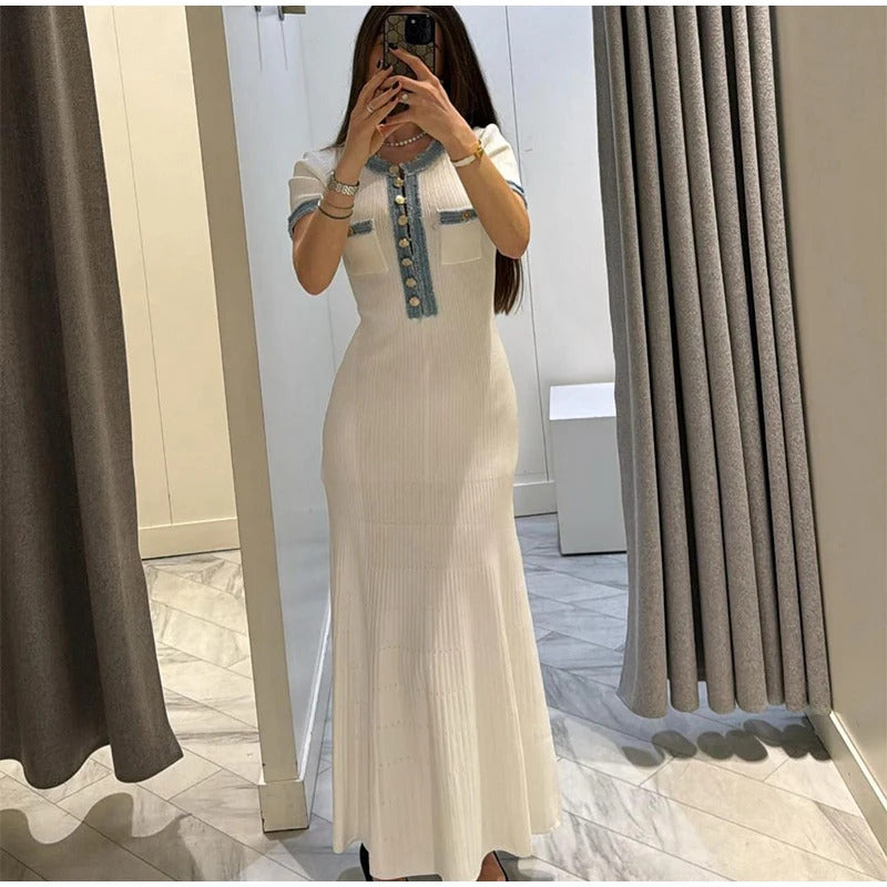 Women's Metal Single Breasted Knitted Maxi Dress V-neck Pleated Wrapped Hip Bodycon Dresses 2024 Elegant High Street White Robes