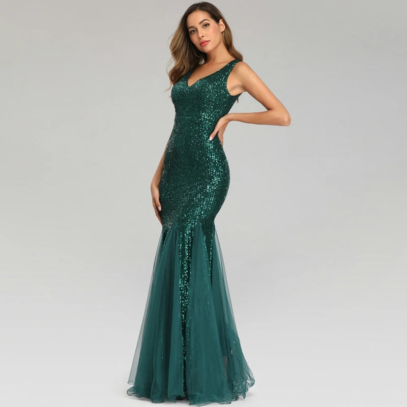 V-Neck Mermaid Dress with Shawl, Long Formal Prom Party Gown, Sequins Sleeveless, Sexy Evening Dress, Plus Size