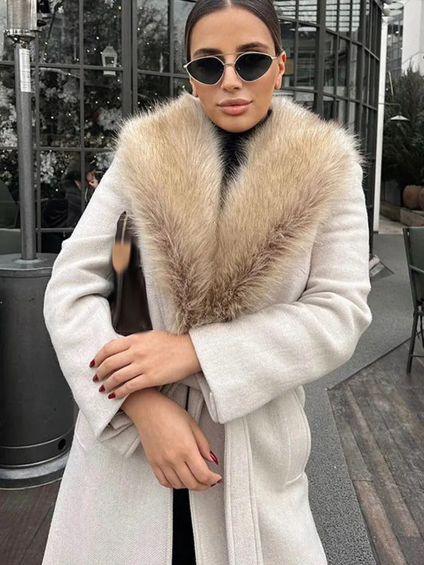 Elegant Woolen Lace Up Long Coat Women Mao Mao Big Lapel Long Sleeve Overcoat Female 2024 Winter Fashion Thicken Warm Coats Lady