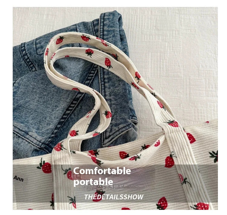 Corduroy Handbag Strawberries Beach Bag Fashionable Versatile Shoulder Bag LargeCapacity Simple Commuter Women's Tote Bag Bolsos