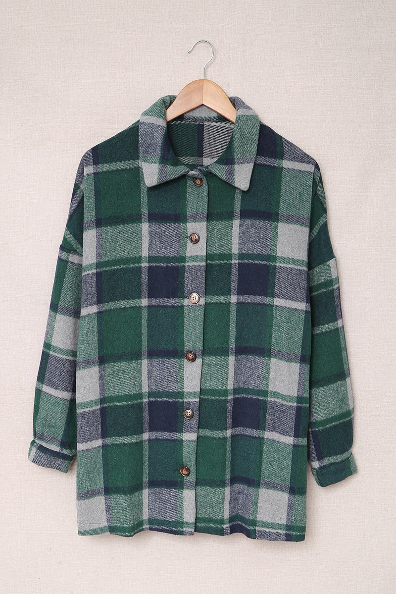 Green Plaid Print Buttoned Shirt Jacket