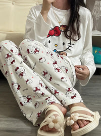 Women's Loose Round Neck Cute Kitty Homewear Pajamas Women's Simple Leisure Long Sleeve Long Pants Two-piece Suit Pajamas  Women