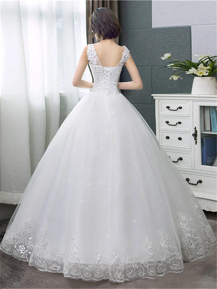 Wedding Dresses Pure White V-neck Appliques Sequined Sleeveless Princess Floor Length Plus size Wedding Gowns De Novia HS288