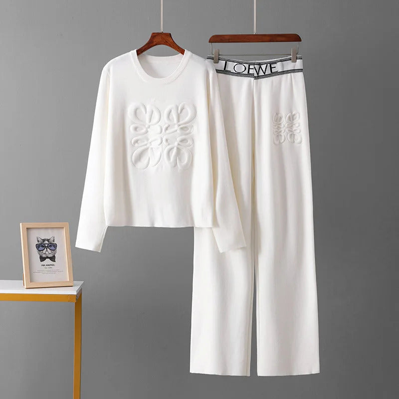 Letter Print Indentation Round Neck Long Sleeved Knitted Sweater Pullover Casual Wide Leg Pants Two-piece Set Women's Pants Set