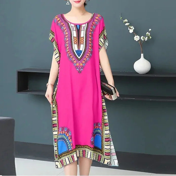 Bohemian National Style Leisure Holiday Beach Printed Poker Indonesia Floral O-neck Loose Midi Dress Pajamas Loungewear Woman