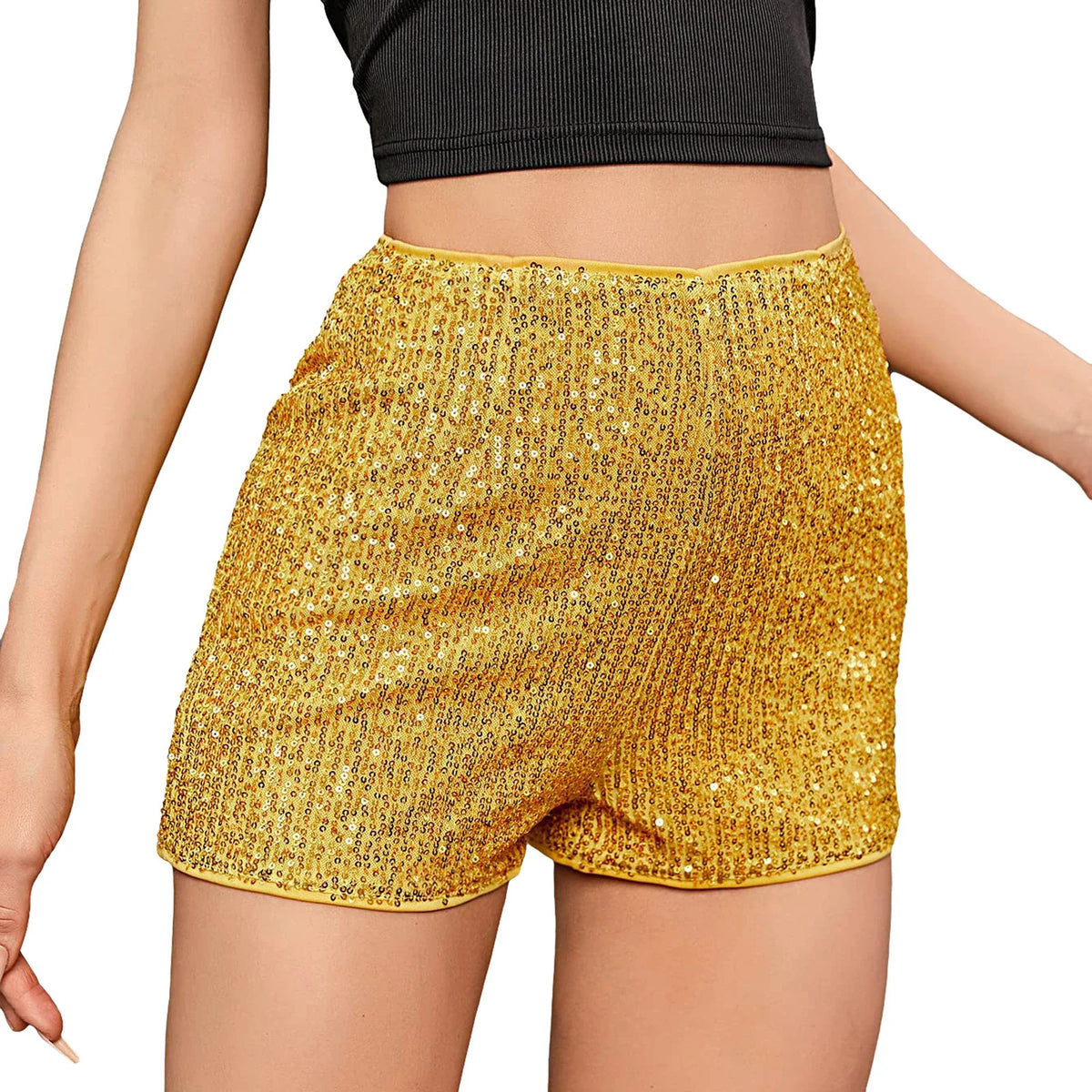 Women Sequin Shorts Elastic High Waist Sparkly Glitter Straight Short Pants Sexy Club Hot Pants Summer Streetwear