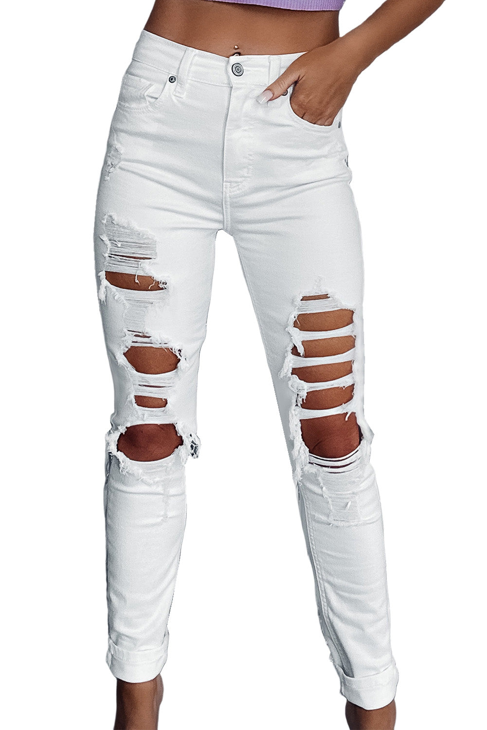 White Distressed Ripped Holes High Waist Skinny Jeans