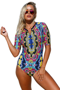 Abstract Print Zip Front Half Sleeve One Piece Swimsuit