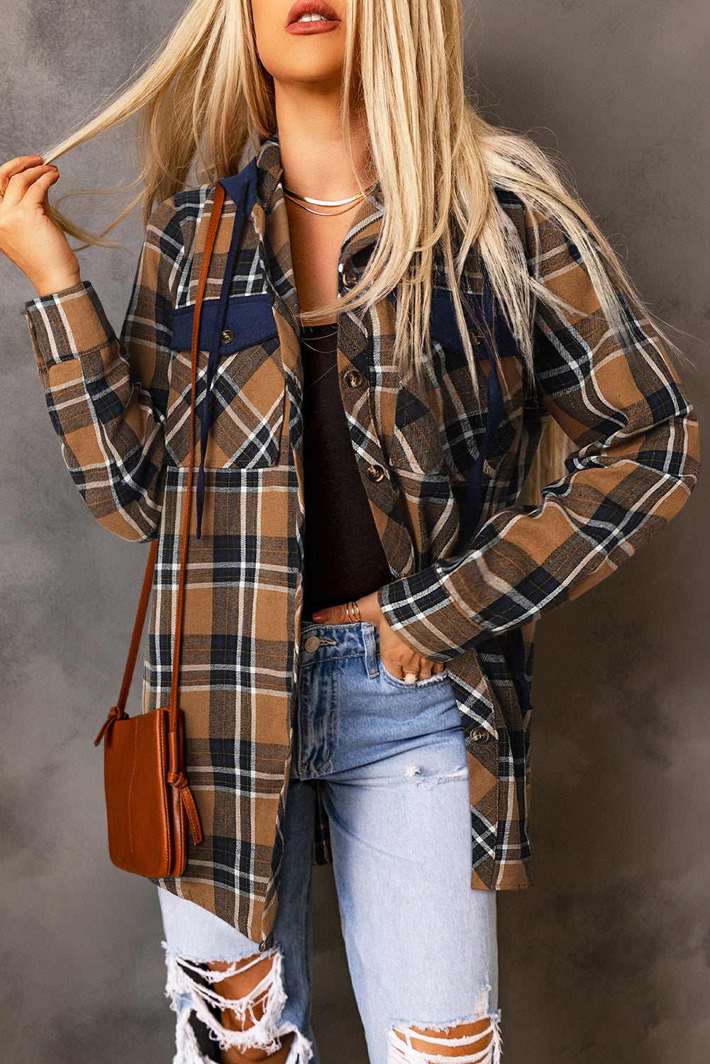 Bluing Contrast Hooded Drawstring Plaid Shacket