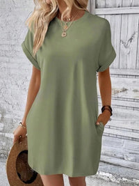 Pure Color Minimalist T-Shirt Short Dress Women Summer Round Neck Pocket Loose Dresses Robe