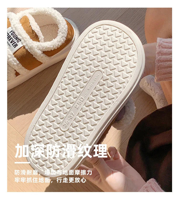 Warm Cotton Slippers Women Men Winter Platform Shoes Soft Plush Thick Sole Couples Indoor Home Floor Footwear With Heels