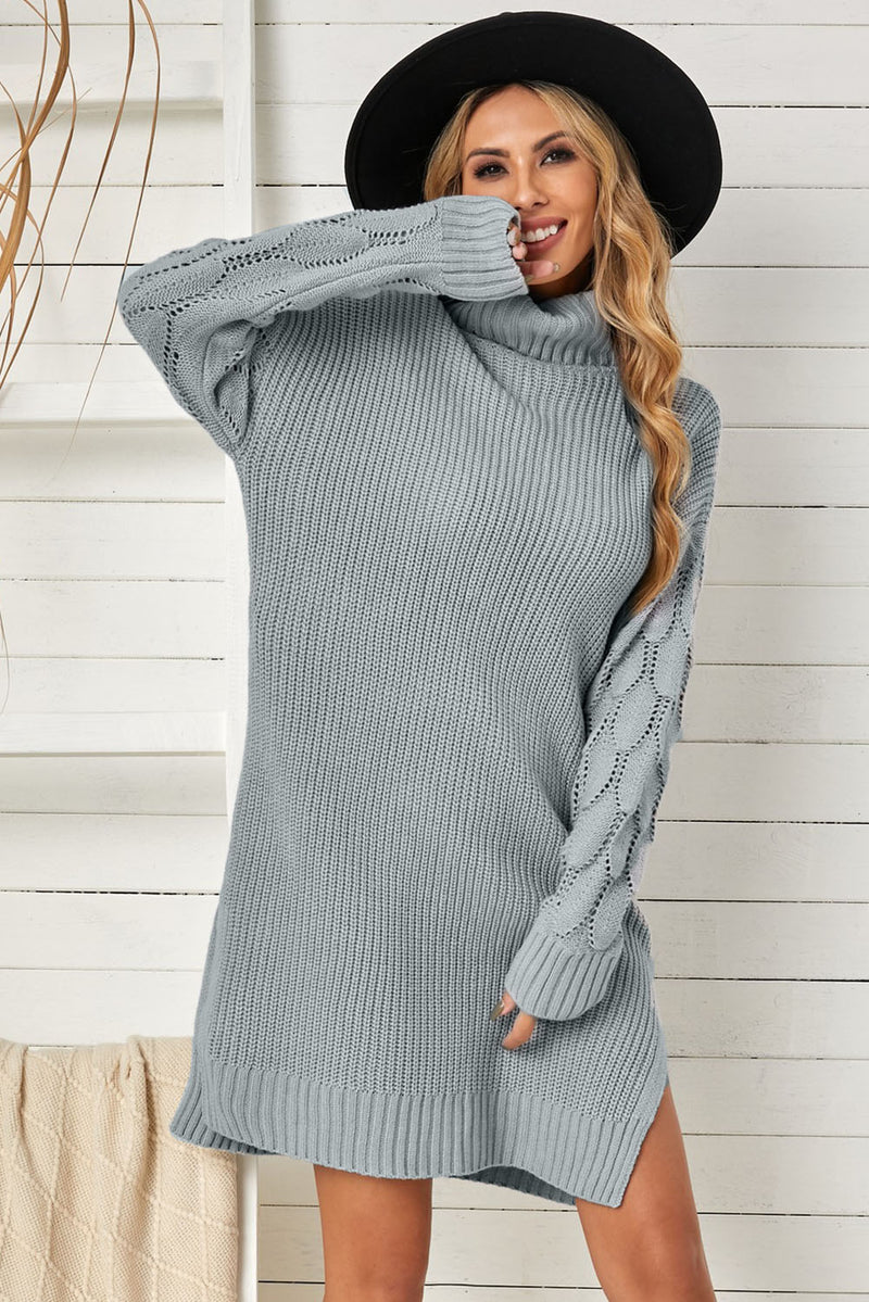 Gray Plain Turtleneck Sweater Dress with Slits