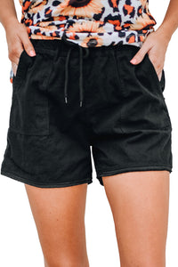 Black Raw Hem Pocketed Drawstring Casual Shorts