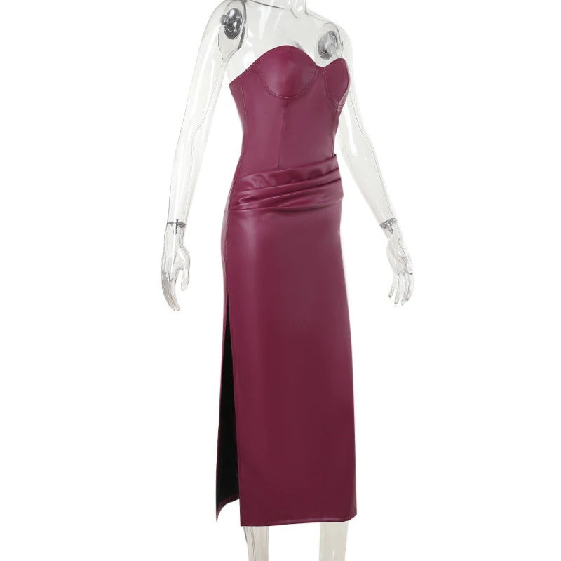 Sexy Pu Leather Maxi Dresses Women Burgundy Sleeveless Backless Hip Package Split Strapless Dress Female 2024 Lady Party Robes