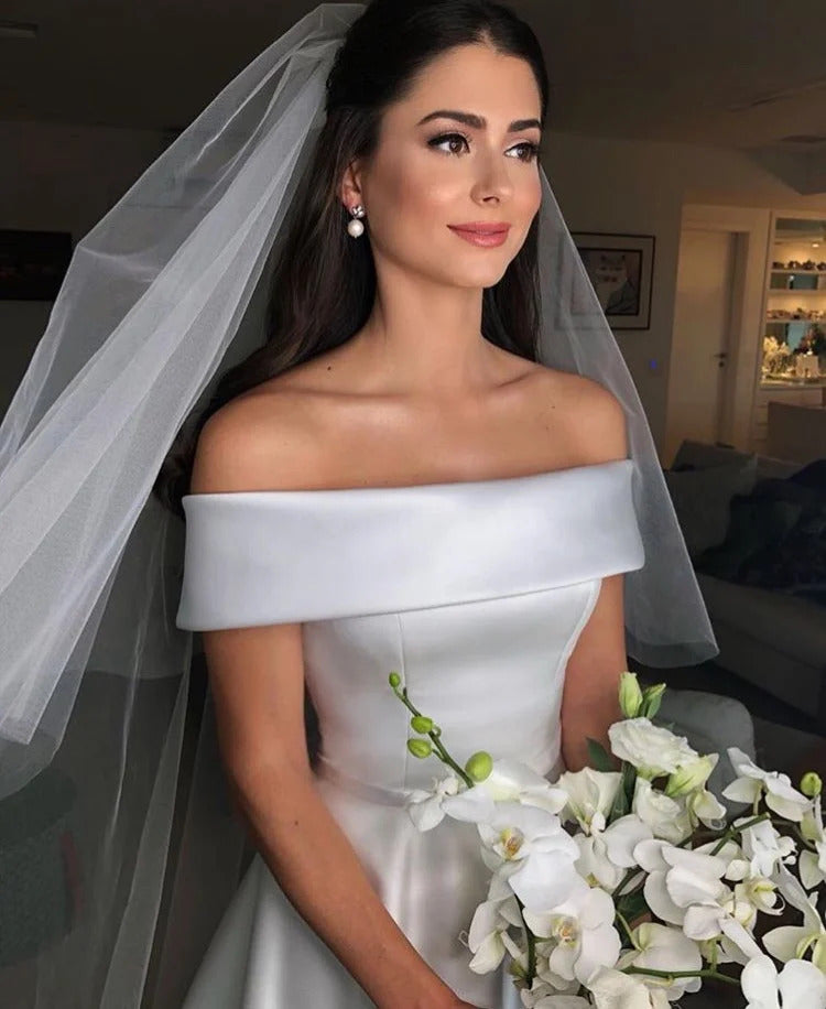 Simple A Line Wedding Dresses Satin Off The Shoulder Wedding Bridal Gowns Sweep Train Casual Dresses Zipper With Buttons Back