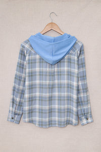 Sky Blue Plaid Print Pocket Drawstring Hooded Jacket