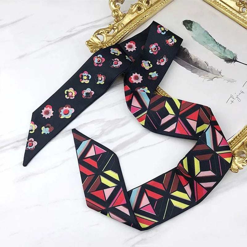 2024 Spring Border New Geometric Diamond Small Flowers Women's Decorative Small Silk Scarf Bundle Bag Handle Ribbon Small Scarf