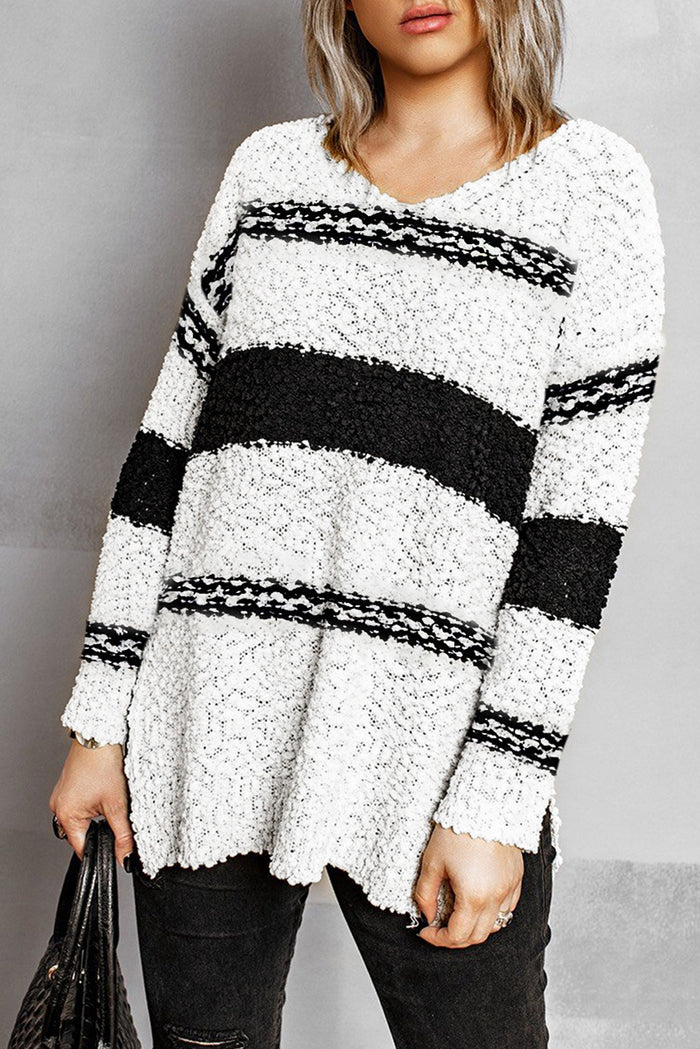 Striped Colorblock V Neck Long Sleeve Knitted Sweater