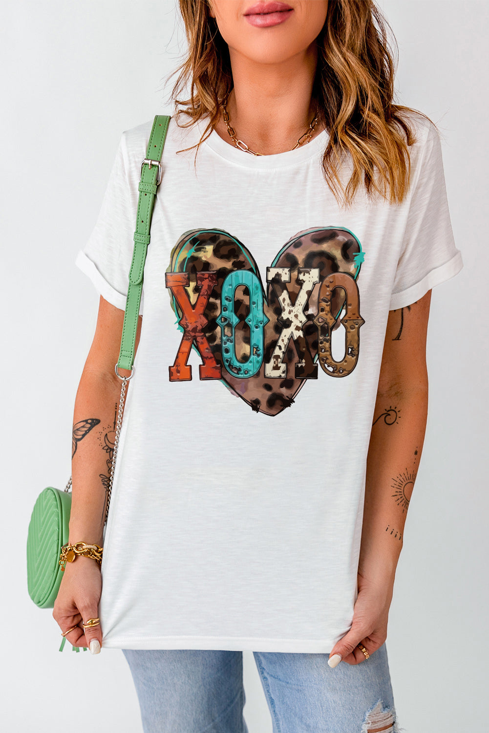 White XOXO Heart Shaped Crew Neck Graphic Tee