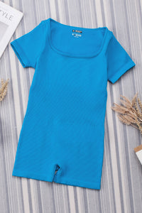 Sky Blue Ribbed Square Neck Short Sleeve Athleisure Romper