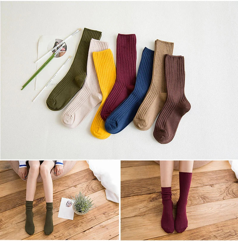 1 Pair Retro Women Cotton Loose Socks Autumn Winter Knitting Solid Color Long Black Pink Korean Japanese Student Girls Stockings