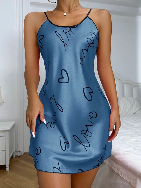 Heart Print Nightdress Elegant Scoop Neck Criss Cross Back Sleep Dress  Women's Sleepwear